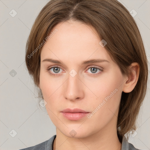 Neutral white young-adult female with medium  brown hair and grey eyes