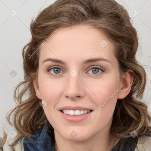 Joyful white young-adult female with medium  brown hair and blue eyes