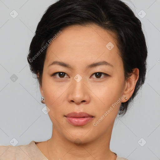 Neutral asian young-adult female with medium  brown hair and brown eyes