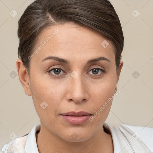 Neutral white young-adult female with short  brown hair and brown eyes