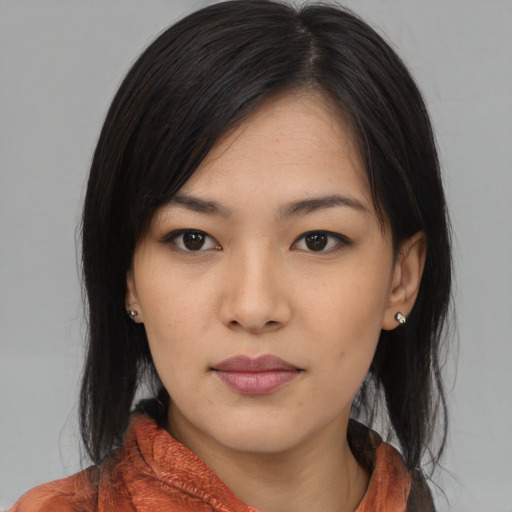 Neutral asian young-adult female with medium  black hair and brown eyes