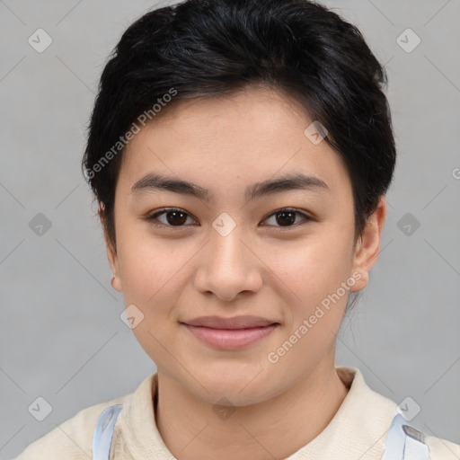 Joyful asian young-adult female with short  brown hair and brown eyes