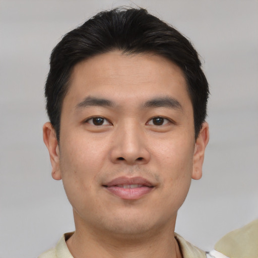 Neutral asian young-adult male with short  brown hair and brown eyes