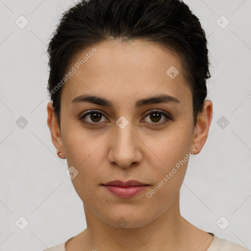 Joyful white young-adult female with short  brown hair and brown eyes