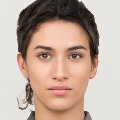 Neutral white young-adult female with short  brown hair and brown eyes