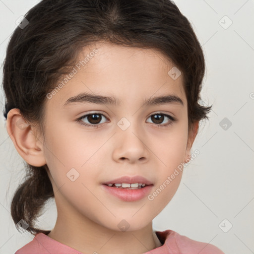 Joyful white child female with medium  brown hair and brown eyes