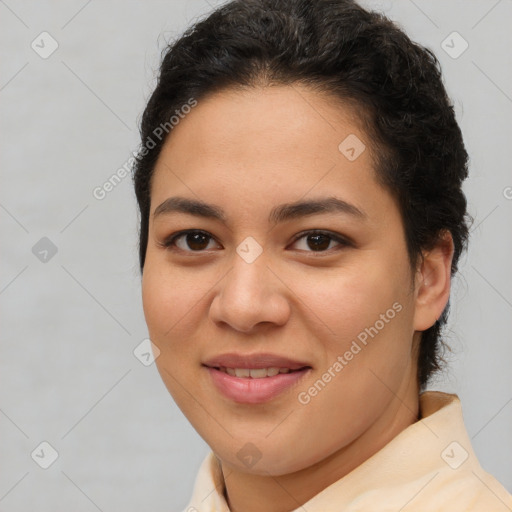 Joyful latino young-adult female with short  brown hair and brown eyes