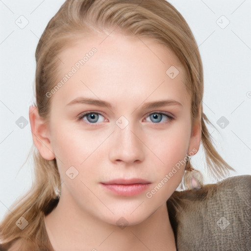 Neutral white young-adult female with long  brown hair and grey eyes