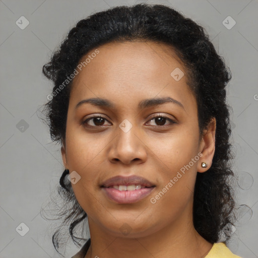 Joyful black young-adult female with medium  brown hair and brown eyes