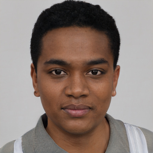Neutral black young-adult male with short  black hair and brown eyes