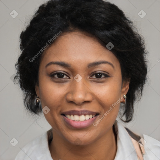 Joyful latino young-adult female with medium  black hair and brown eyes