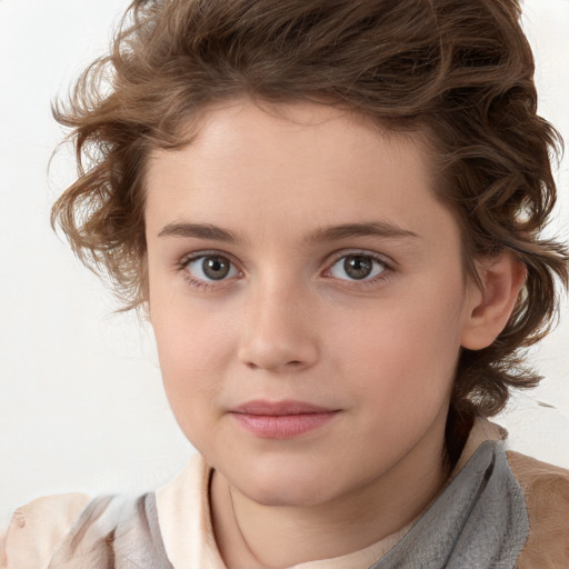 Joyful white child female with medium  brown hair and brown eyes