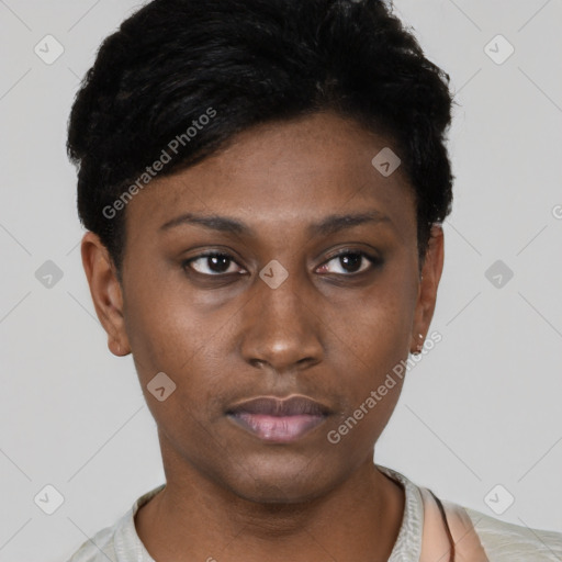 Neutral black young-adult female with short  black hair and brown eyes