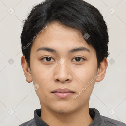 Neutral asian young-adult male with short  black hair and brown eyes