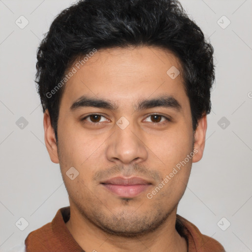 Neutral latino young-adult male with short  black hair and brown eyes