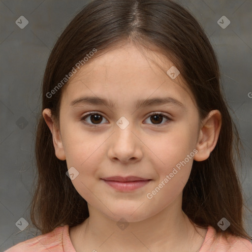 Joyful white child female with medium  brown hair and brown eyes