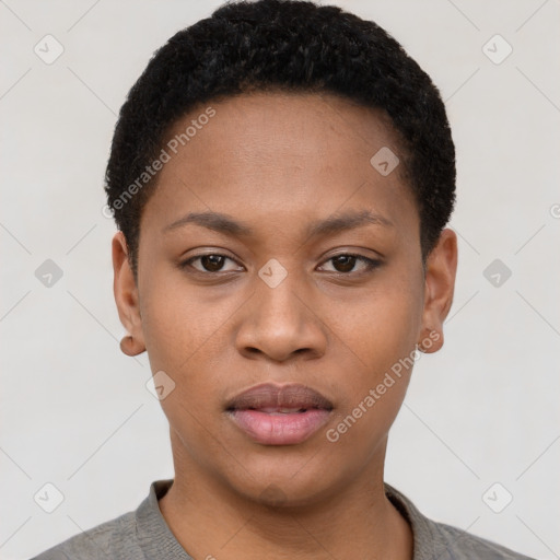 Neutral black young-adult female with short  black hair and brown eyes