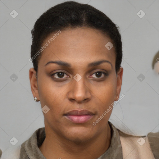 Neutral black young-adult female with short  brown hair and brown eyes