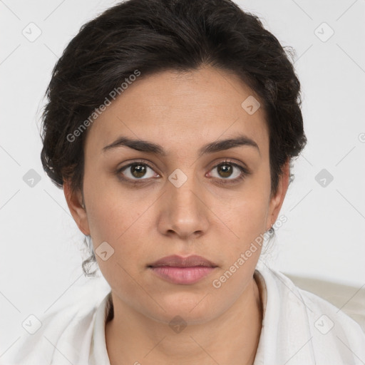 Neutral white young-adult female with medium  brown hair and brown eyes