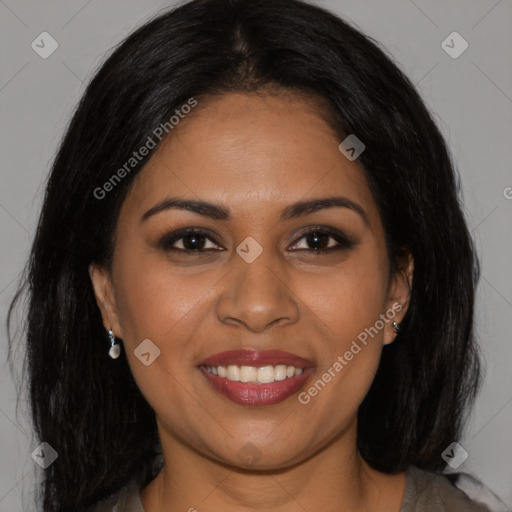 Joyful latino young-adult female with long  brown hair and brown eyes