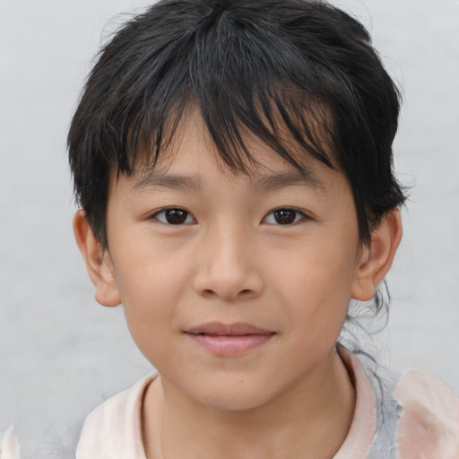 Joyful asian child female with medium  brown hair and brown eyes