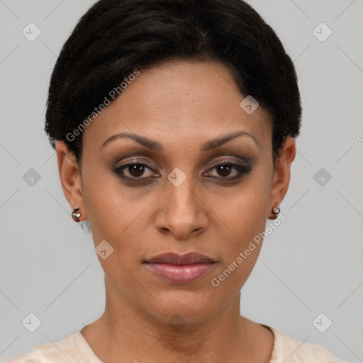 Joyful latino young-adult female with short  brown hair and brown eyes