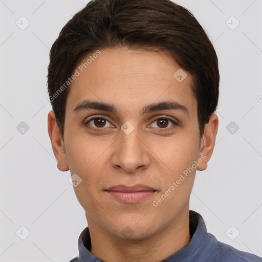 Joyful white young-adult male with short  brown hair and brown eyes