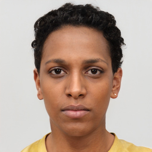 Neutral black young-adult female with short  black hair and brown eyes