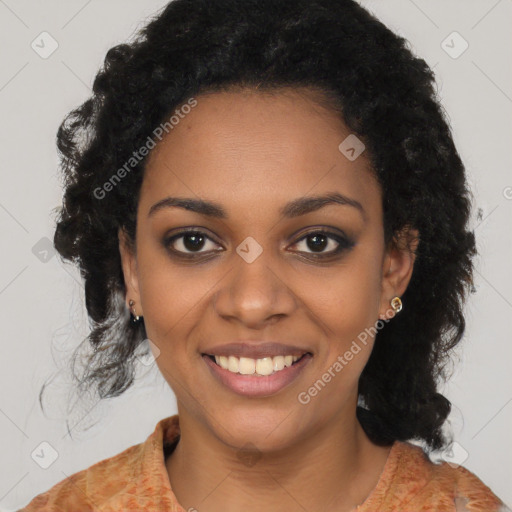 Joyful black young-adult female with medium  black hair and brown eyes