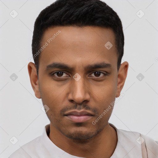 Neutral latino young-adult male with short  black hair and brown eyes