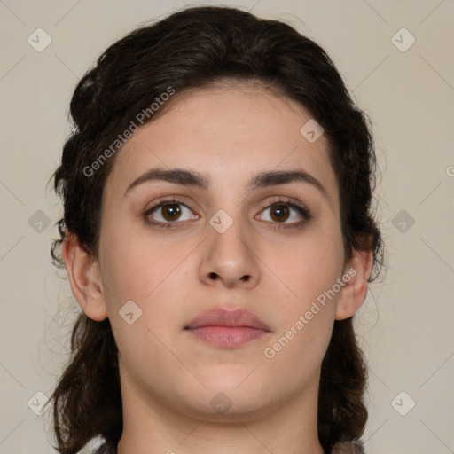 Neutral white young-adult female with medium  brown hair and brown eyes