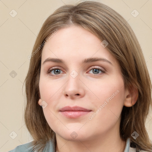 Neutral white young-adult female with medium  brown hair and grey eyes