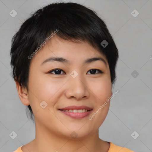 Joyful asian young-adult female with short  brown hair and brown eyes