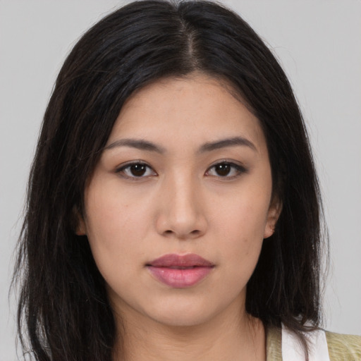 Neutral asian young-adult female with medium  black hair and brown eyes