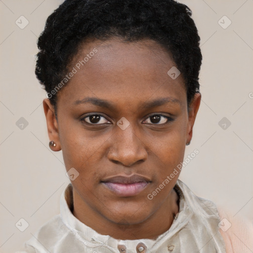 Neutral black young-adult female with short  black hair and brown eyes