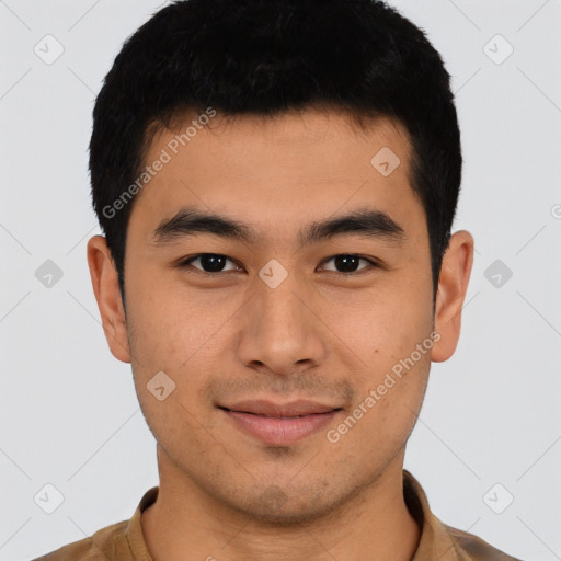 Joyful latino young-adult male with short  brown hair and brown eyes