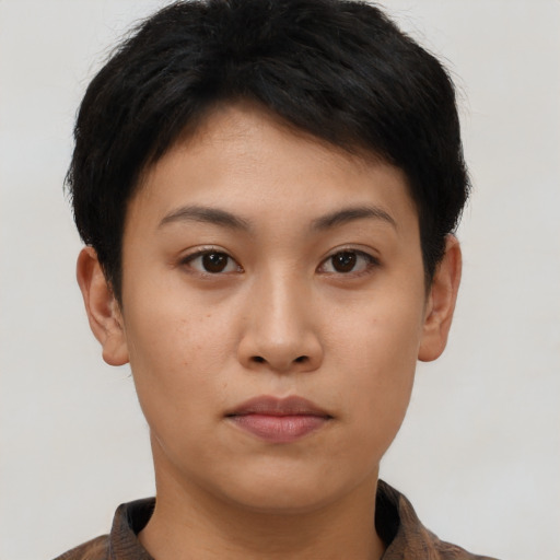 Neutral latino young-adult female with short  brown hair and brown eyes