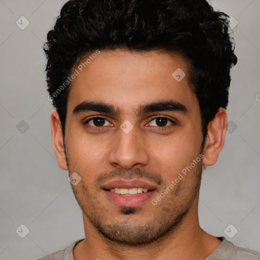 Joyful latino young-adult male with short  brown hair and brown eyes