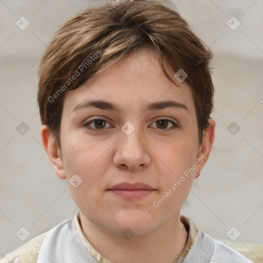 Neutral white young-adult female with short  brown hair and brown eyes