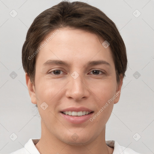 Joyful white young-adult female with short  brown hair and brown eyes