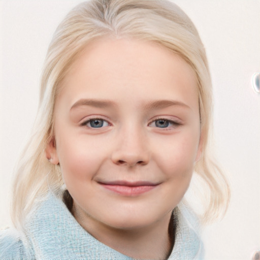 Joyful white child female with medium  blond hair and blue eyes