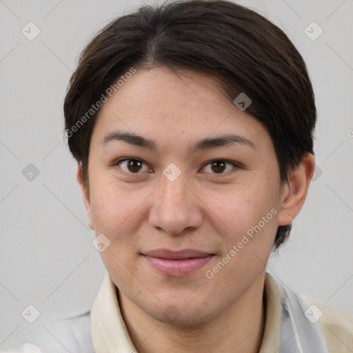 Joyful white young-adult female with medium  brown hair and brown eyes