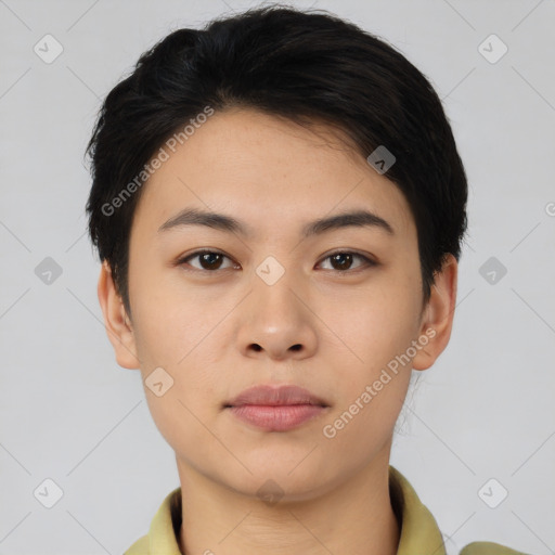 Neutral asian young-adult female with short  black hair and brown eyes