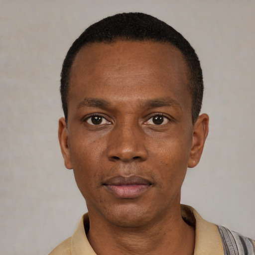 Neutral latino adult male with short  black hair and brown eyes