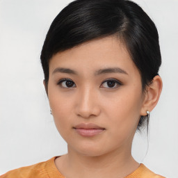 Neutral asian young-adult female with medium  brown hair and brown eyes