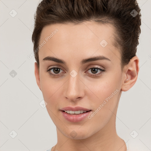 Joyful white young-adult female with short  brown hair and brown eyes