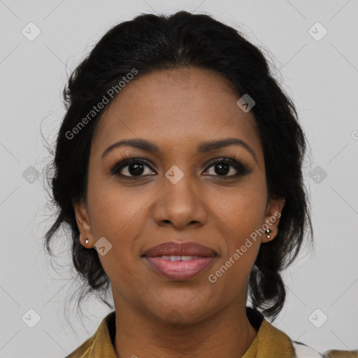 Joyful black young-adult female with medium  brown hair and brown eyes