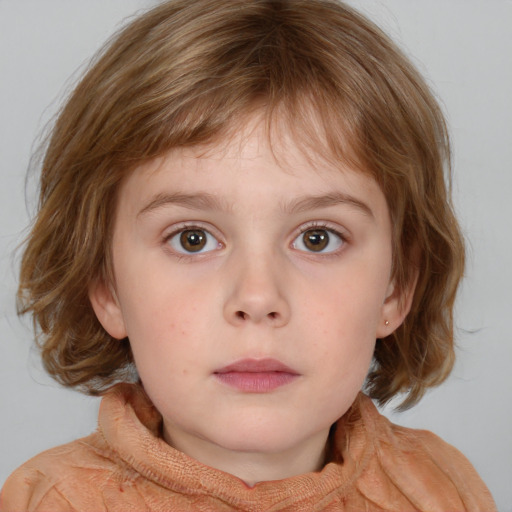 Neutral white child female with medium  brown hair and blue eyes