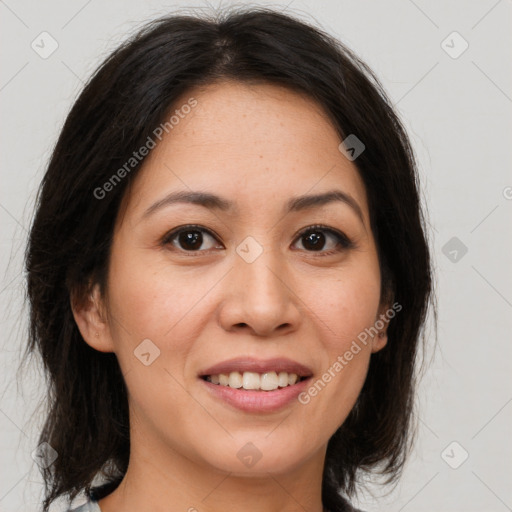 Joyful white young-adult female with medium  brown hair and brown eyes