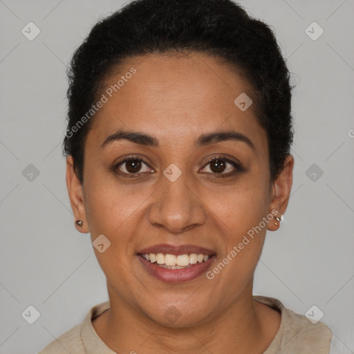 Joyful latino young-adult female with short  brown hair and brown eyes